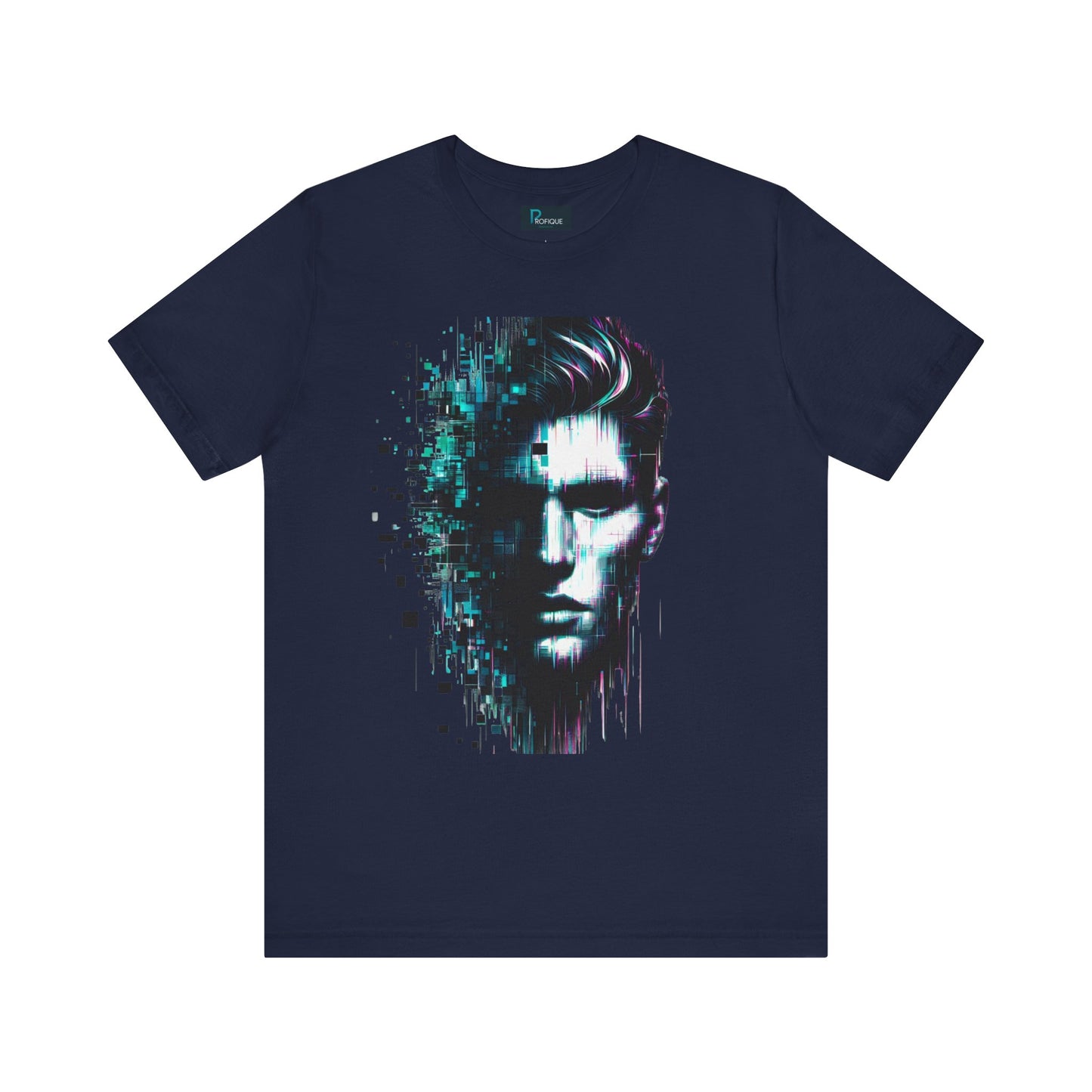 Cybernetic Glitch Face Unisex Tee, Futuristic Cyberpunk Style Shirt, Digital Pixels, Neon Blue-Purple Distortions, Human Technology Merge