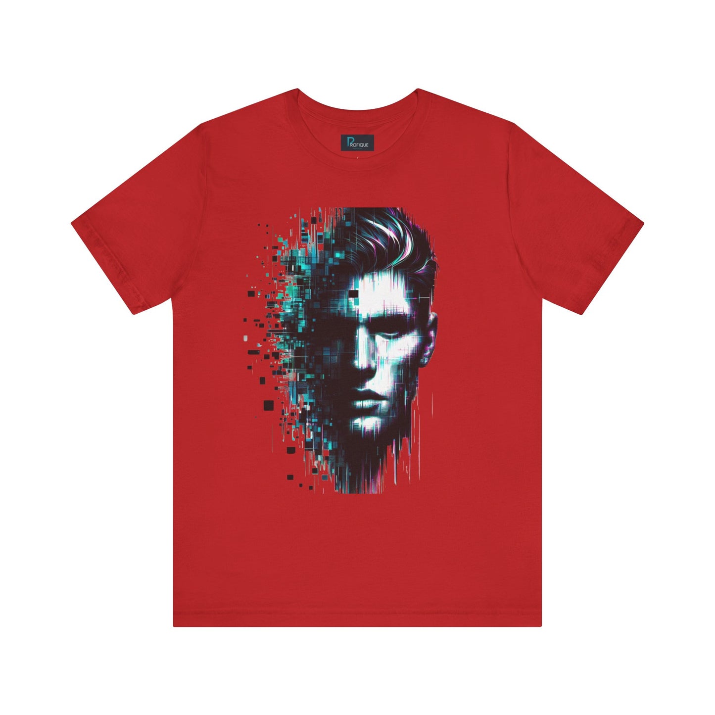 Cybernetic Glitch Face Unisex Tee, Futuristic Cyberpunk Style Shirt, Digital Pixels, Neon Blue-Purple Distortions, Human Technology Merge