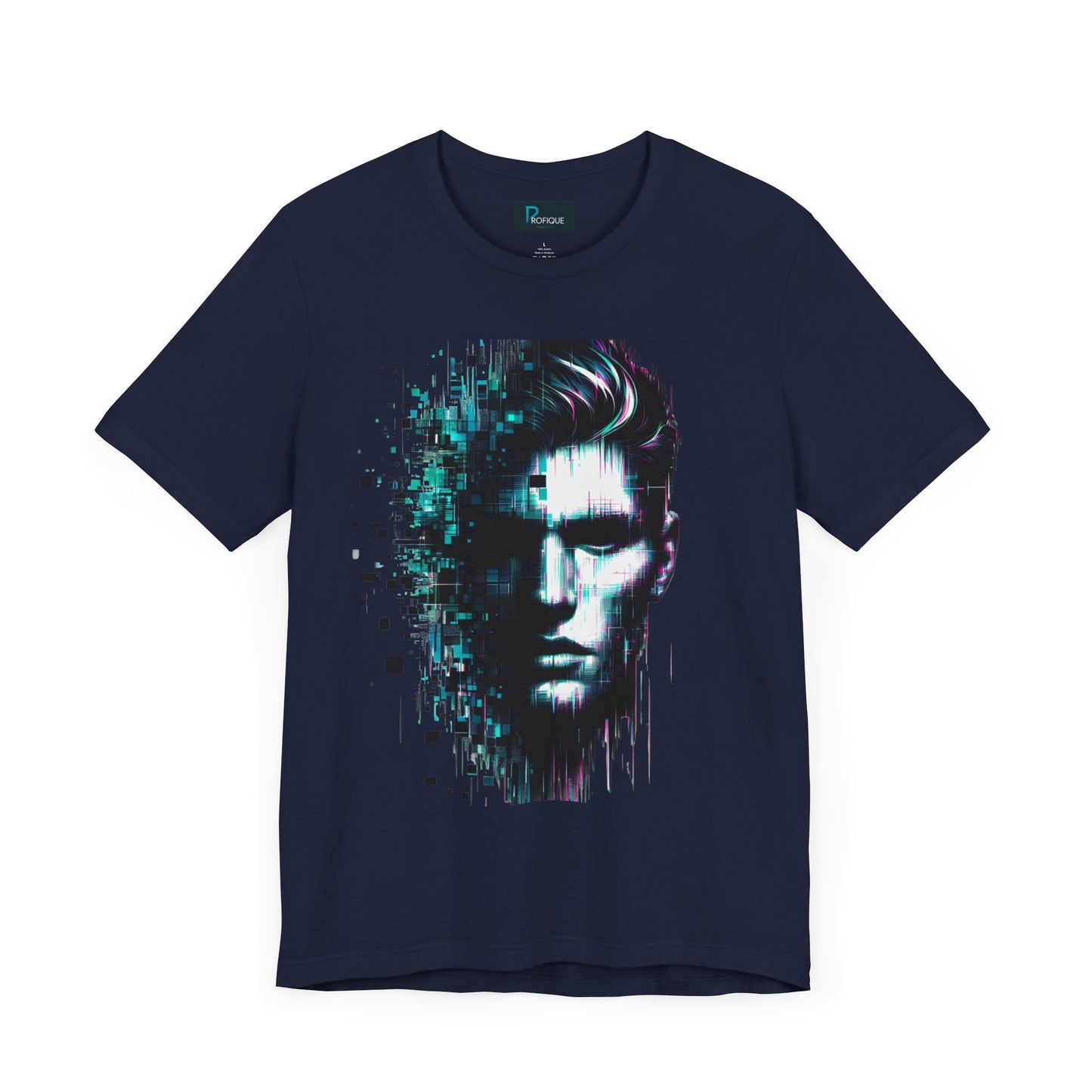 Cybernetic Glitch Face Unisex Tee, Futuristic Cyberpunk Style Shirt, Digital Pixels, Neon Blue-Purple Distortions, Human Technology Merge