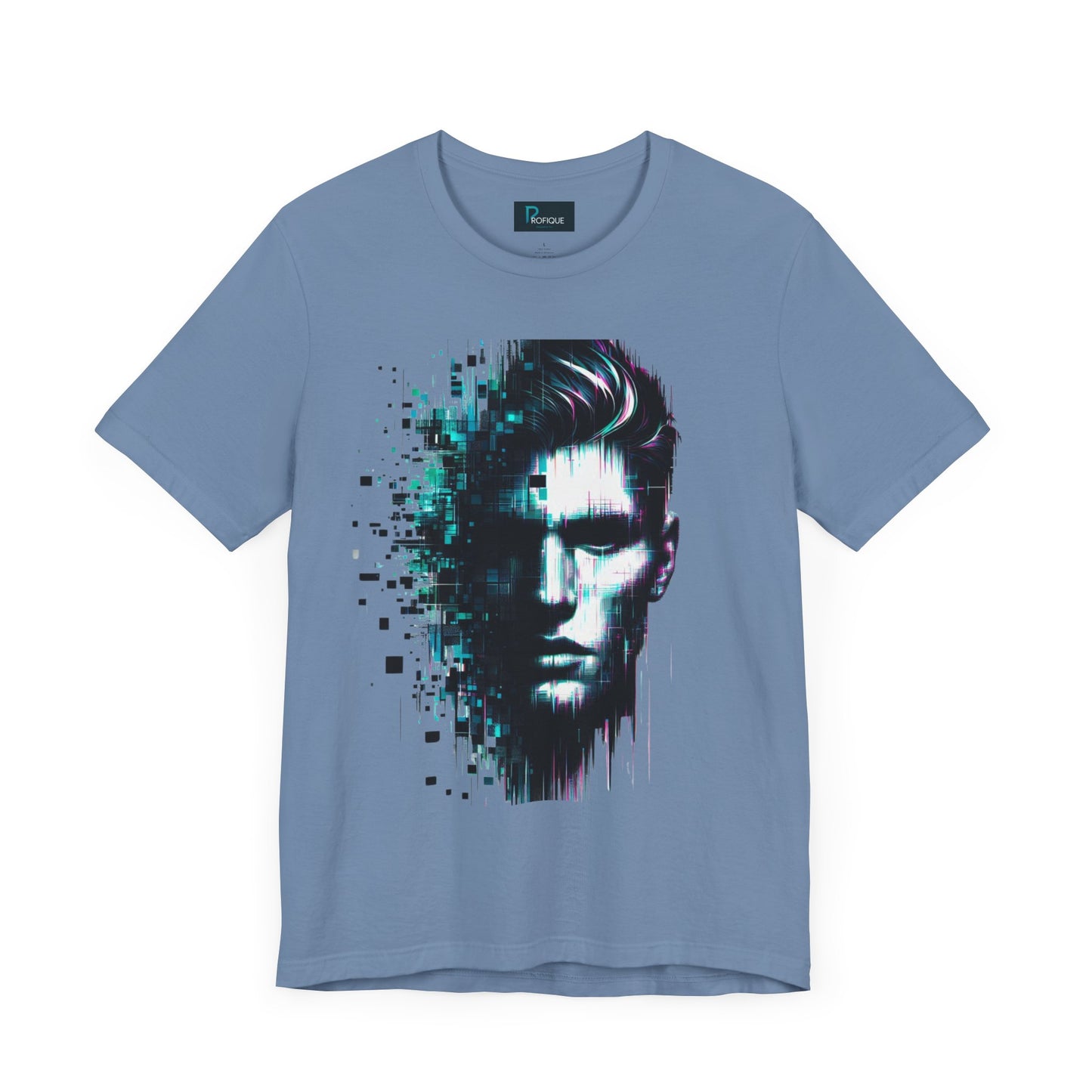 Cybernetic Glitch Face Unisex Tee, Futuristic Cyberpunk Style Shirt, Digital Pixels, Neon Blue-Purple Distortions, Human Technology Merge