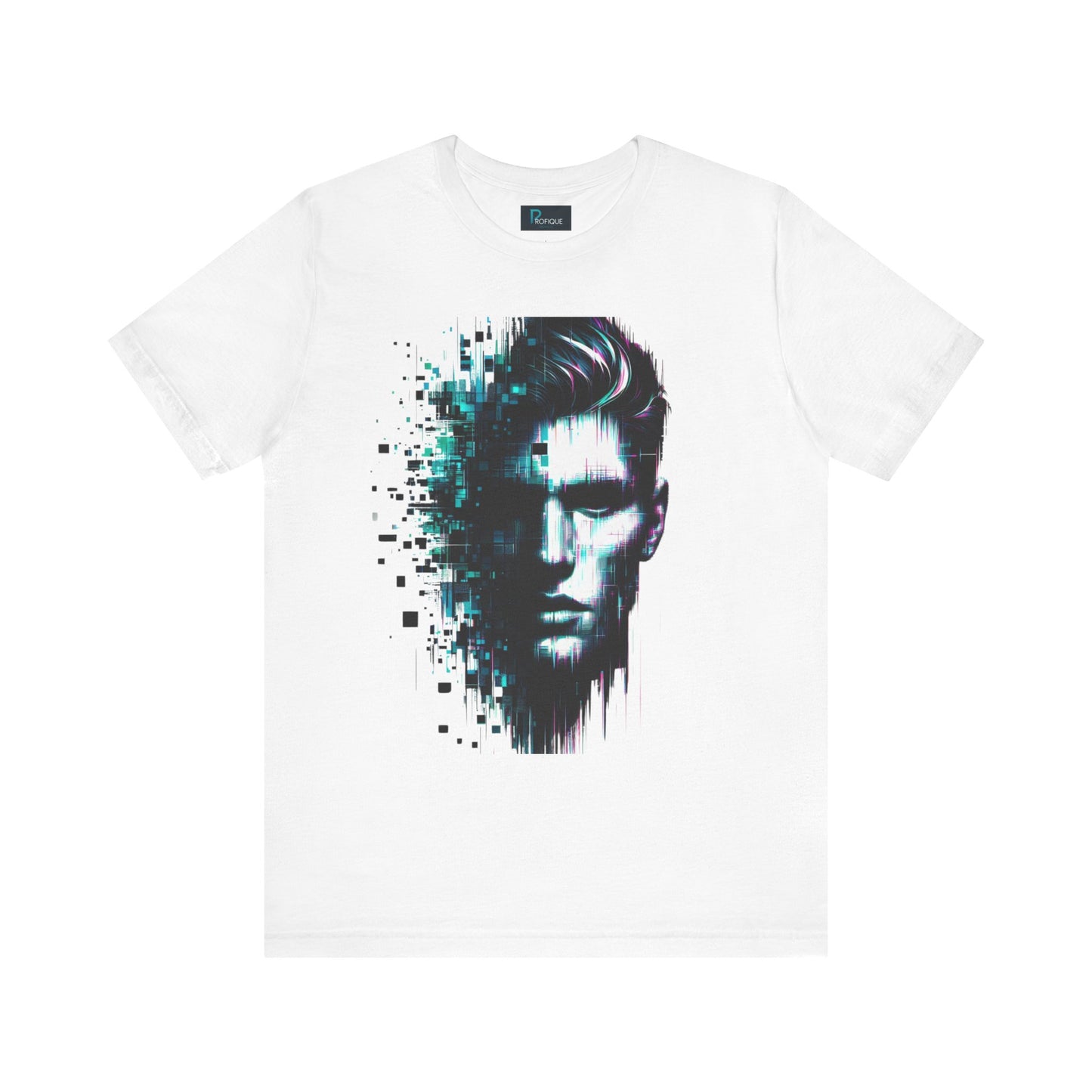 Cybernetic Glitch Face Unisex Tee, Futuristic Cyberpunk Style Shirt, Digital Pixels, Neon Blue-Purple Distortions, Human Technology Merge