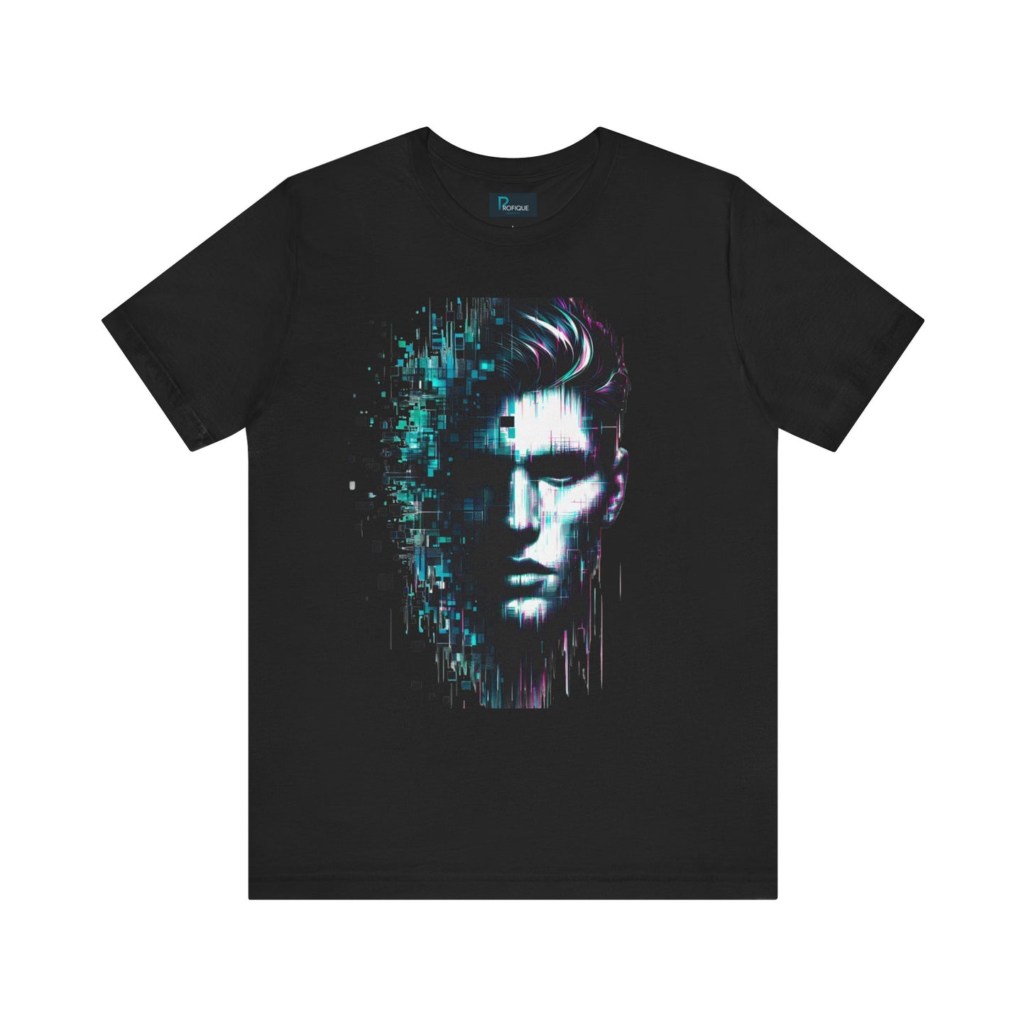 Cybernetic Glitch Face Unisex Tee, Futuristic Cyberpunk Style Shirt, Digital Pixels, Neon Blue-Purple Distortions, Human Technology Merge