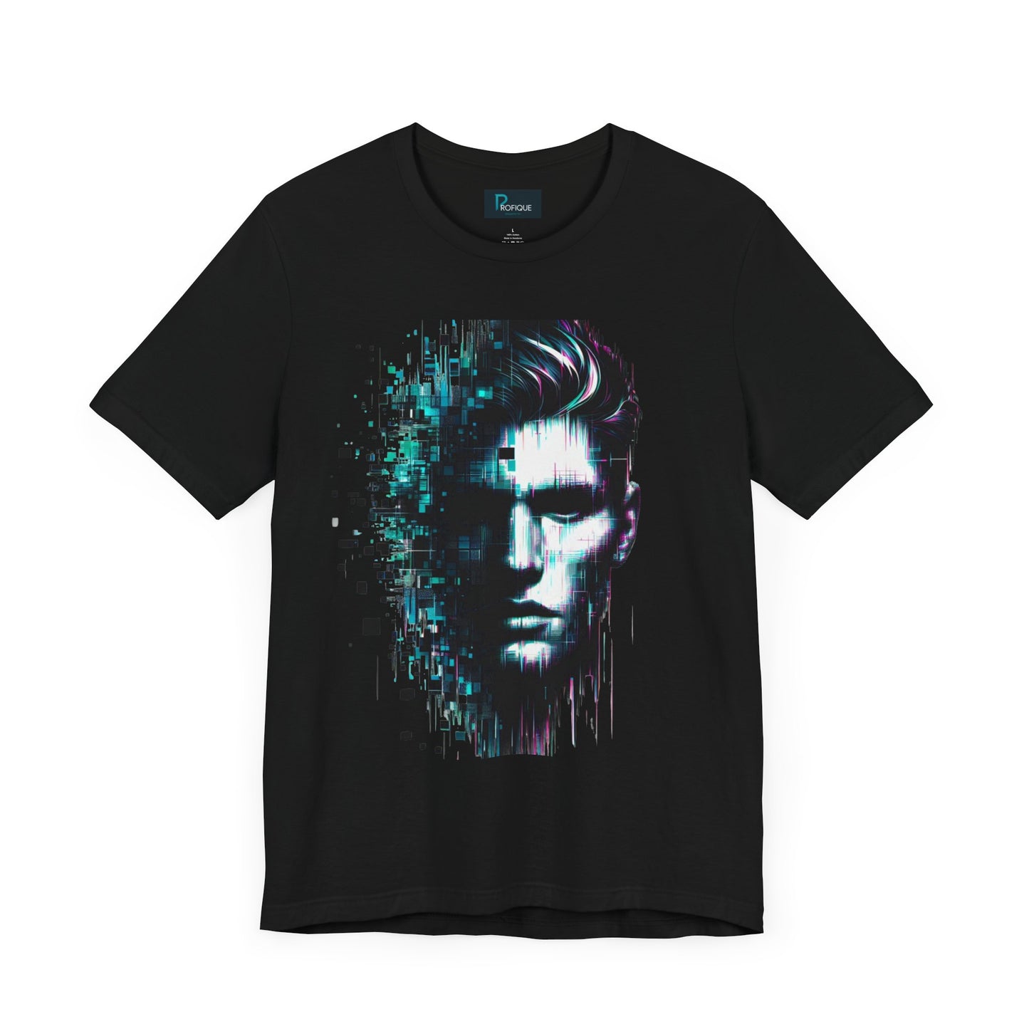 Cybernetic Glitch Face Unisex Tee, Futuristic Cyberpunk Style Shirt, Digital Pixels, Neon Blue-Purple Distortions, Human Technology Merge