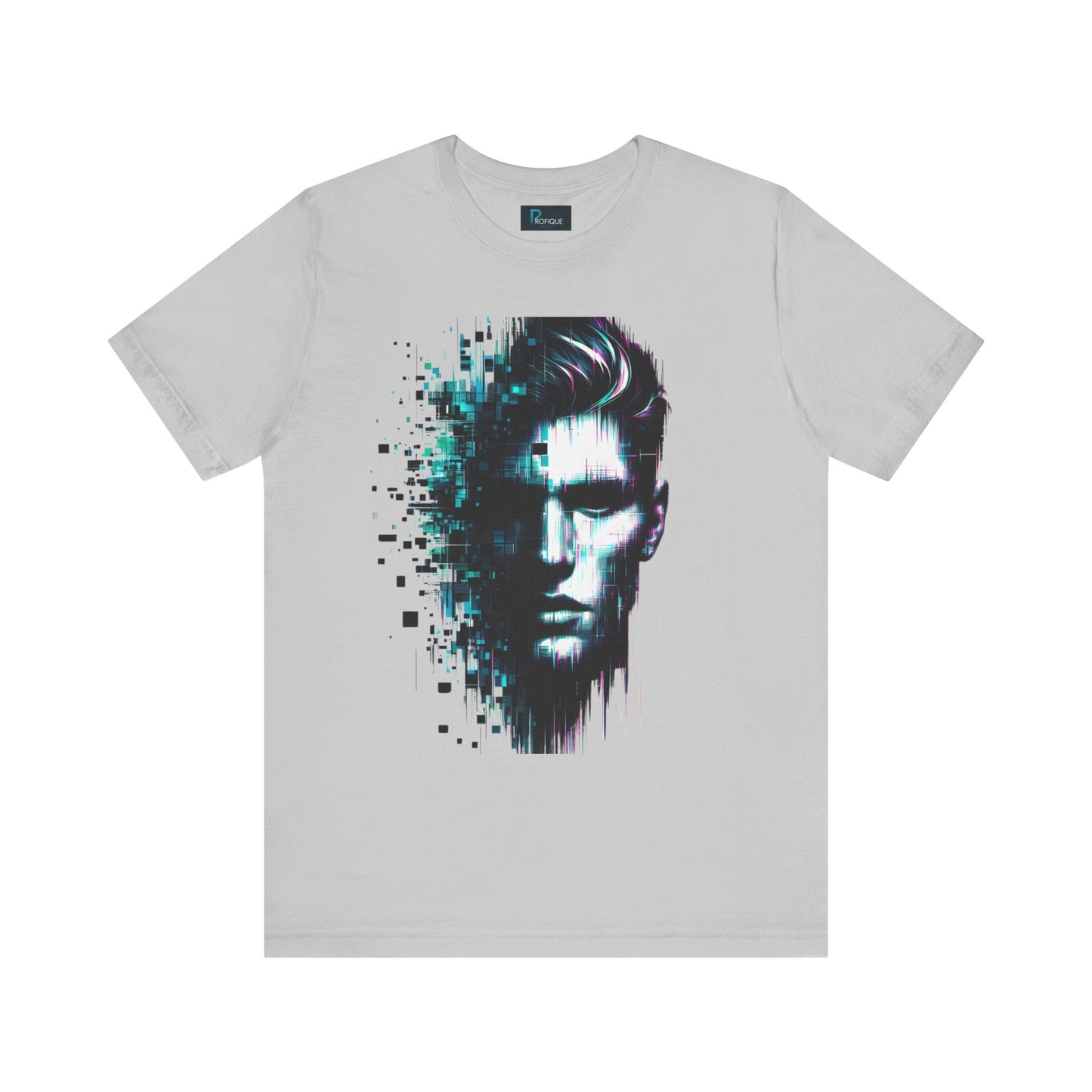 Cybernetic Glitch Face Unisex Tee, Futuristic Cyberpunk Style Shirt, Digital Pixels, Neon Blue-Purple Distortions, Human Technology Merge